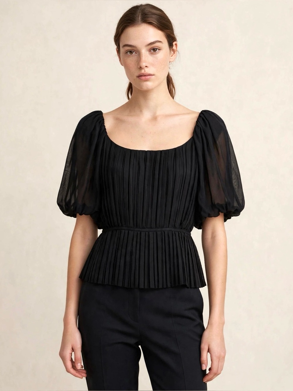 Banana Republic Black Accordion Pleated Puff-Sleeve Peplum Blouse